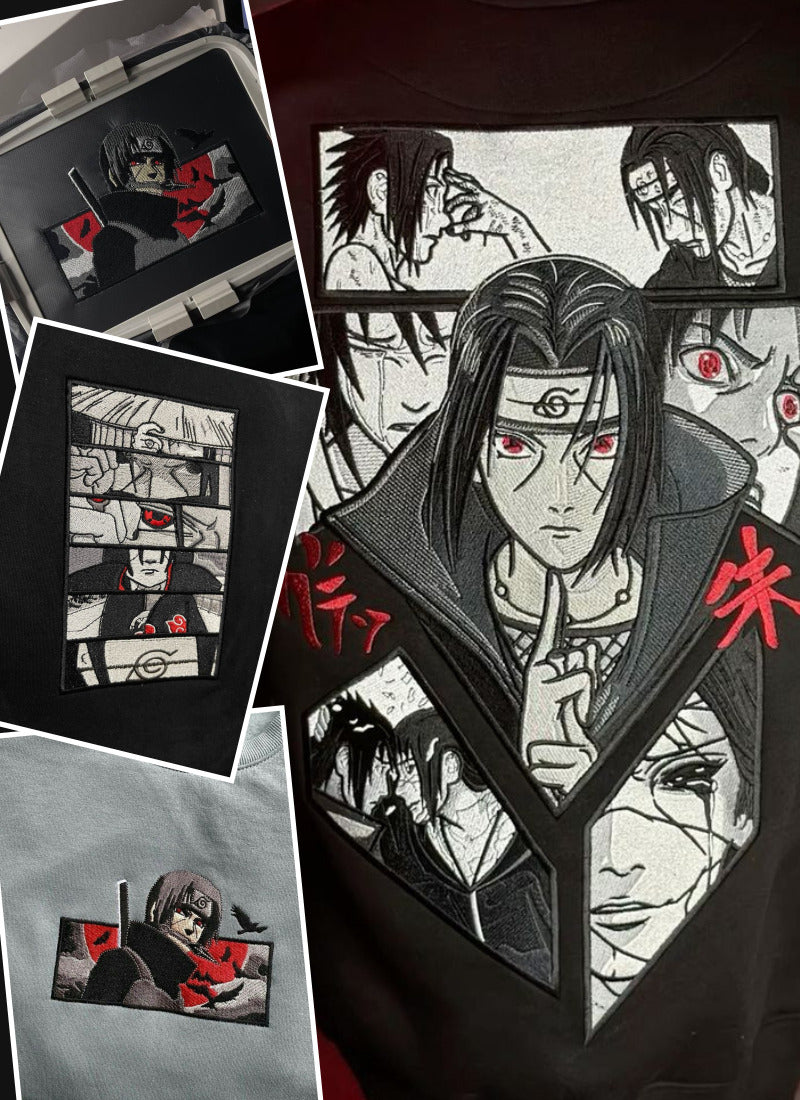 Anime character with red eyes and black hair on a black background