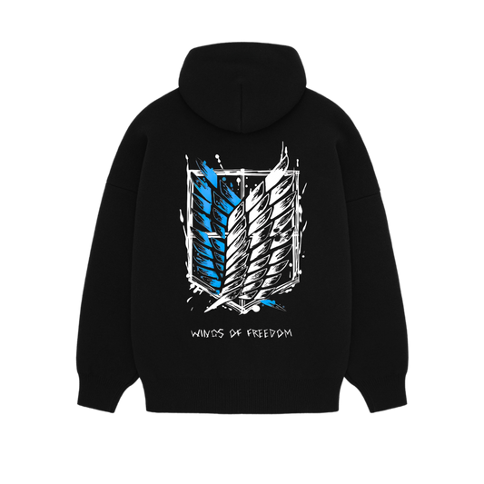Black hoodie with a blue and white design on the back on a white background